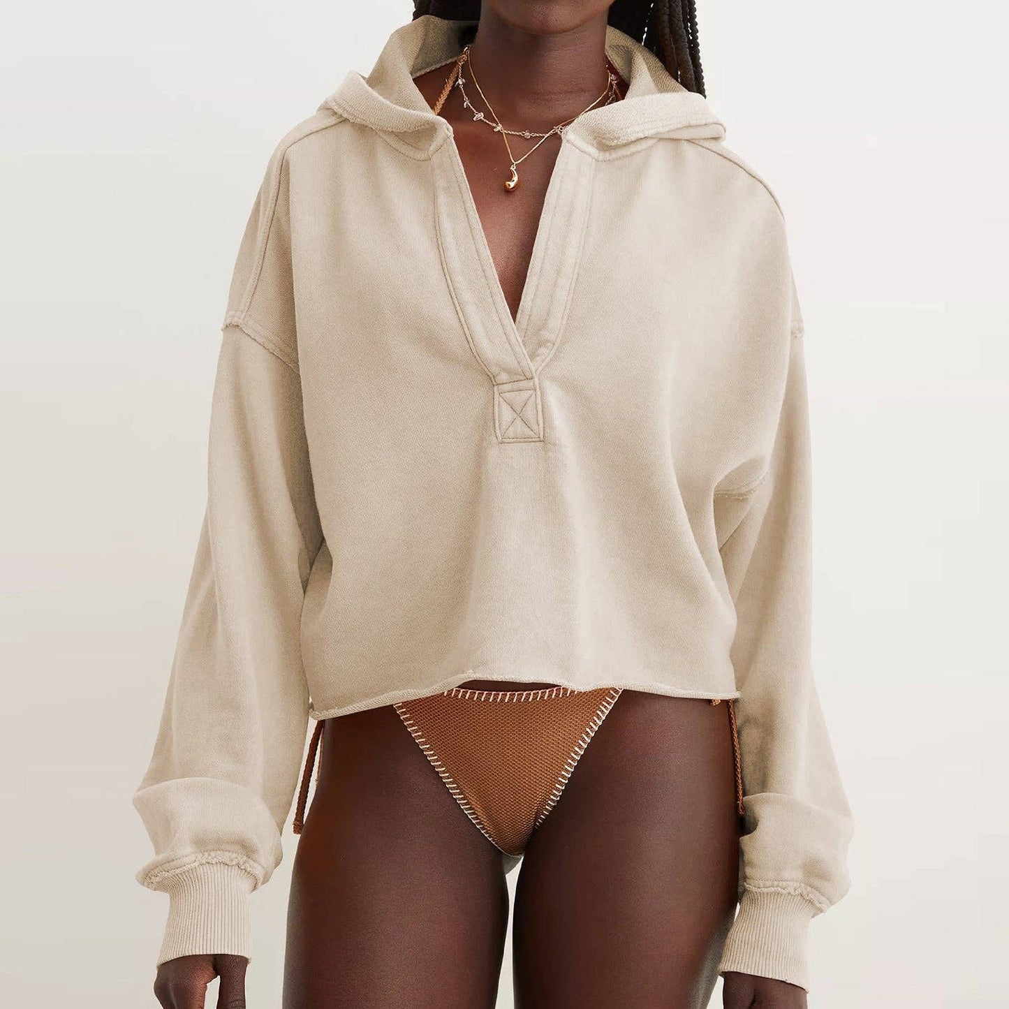 V-Neck Hooded Pullover Sweater Loose Fit Long Sleeve Top