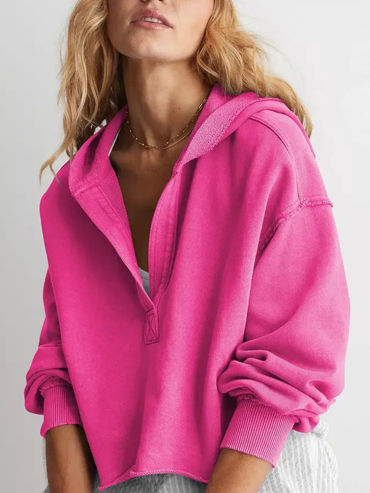 V-Neck Hooded Pullover Sweater Loose Fit Long Sleeve Top